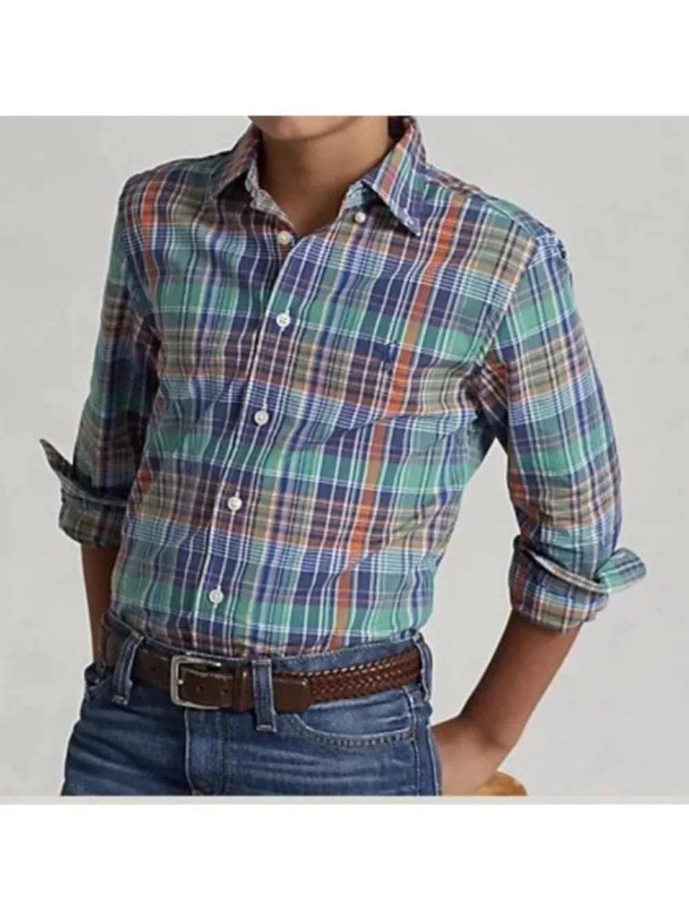 Ralph Lauren LARGE 14-16 Polo Plaid Cotton Poplin Buttondown Stretch Shirt NEW